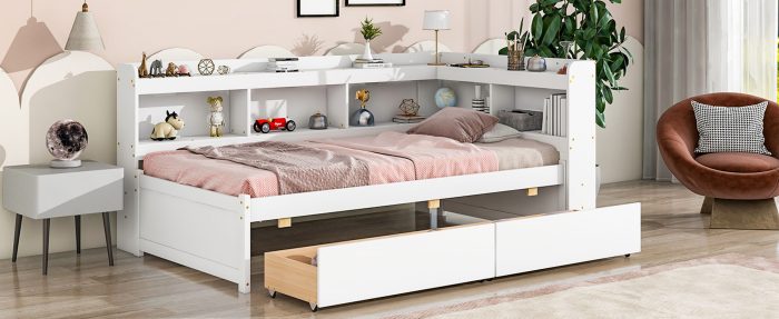 Twin Bed With L-Shaped Bookcases, Drawers - Image 7