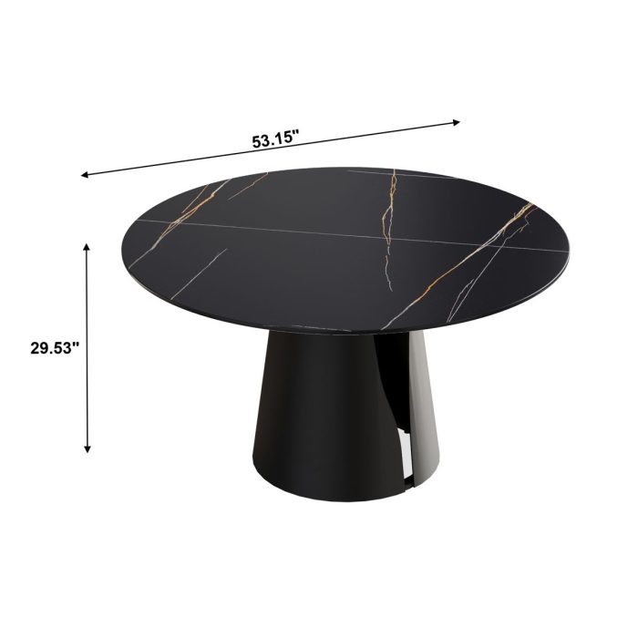 Modern Artificial Stone Round Carbon Steel Base Dining Table, Can Accommodate 6 People - Black - Image 4