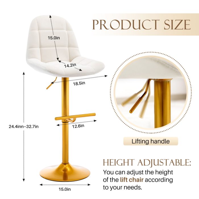 Velvet Swive Bar Stools Adjustable Counter Height Bar Chairs With Back Gold Base Modern Stool Chair For Kitchen Island Dining Room (Set of 2) - White - Image 4
