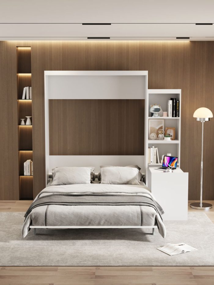 Morden Deisgn Vertical Murphy Bed With Shelf And Drawers For Bedroom Or Guestroom Wall Bed Space Saving Hidden Bed With New Style Gas Struts - Image 7