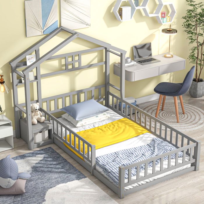 House-Style Headboard Floor Bed With Fence Guardrails Without Cushion - Image 3