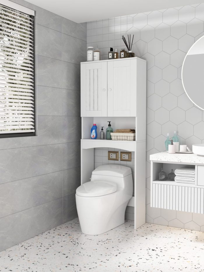 Home Bathroom Shelf Over-The-Toilet, Bathroom Spacesaver, Bathroom Storage Cabinet Organizer - White - Image 3