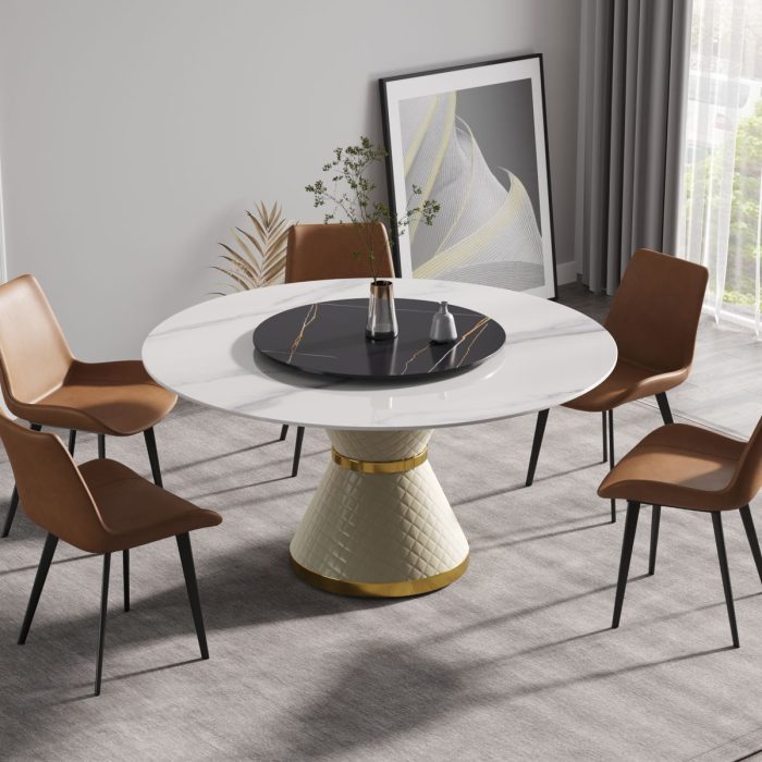 Modern Artificial Stone Round Carbon Steel Base Dining Table, Artificial Stone Turntable - Image 7
