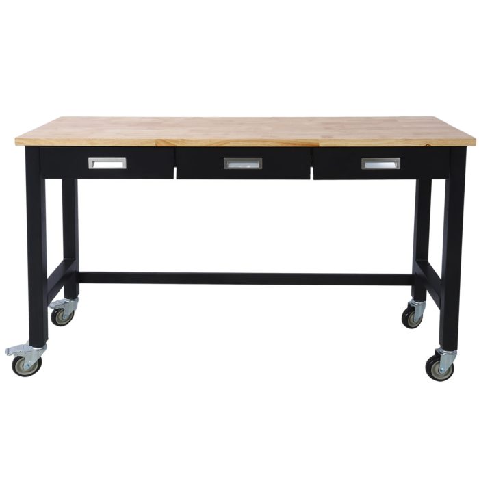 Work Bench, Workbench With Drawer Storage, Heavy Duty Bamboo Wood Work Table With Wheels For Garage Home Office - Image 2