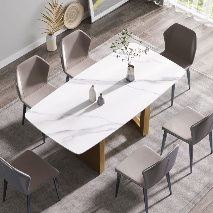 70.87" Modern Artificial Stone White Curved Metal Leg Dining Table - White / Gold - Image 4