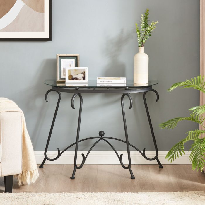 Tempered Glass Surface Console Table Coffee Table With Sturdy Construction For Living Room (Rustic) - Black - Image 3