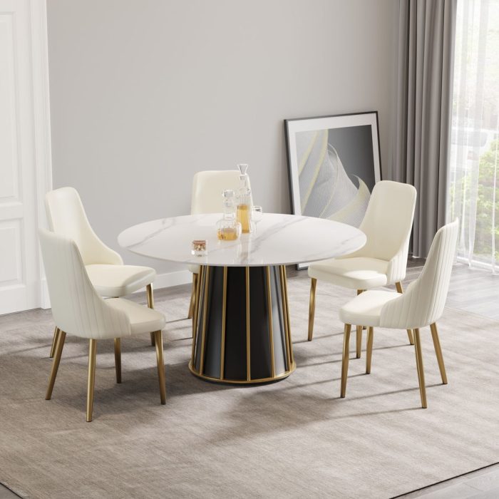 53.15" Modern Artificial Stone Round Panel Metal Iron Base Dining Table, Can Accommodate 6 People, (Not Including Chairs) - White / Black - Image 4
