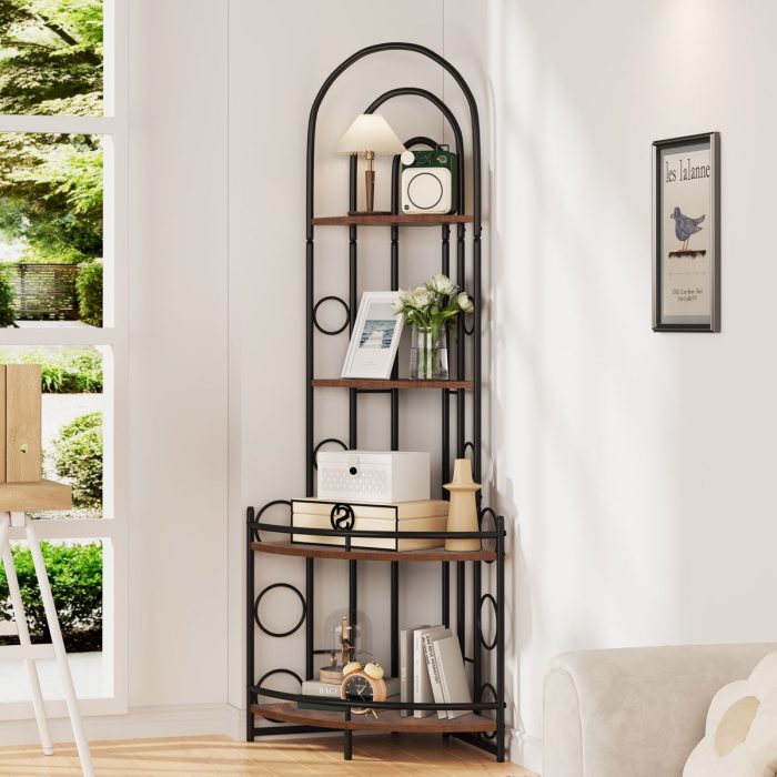 4 Tier Corner Bookshelf, Modern Style, Plant Stand With Metal Frame - Antique Brown / Black - Image 4