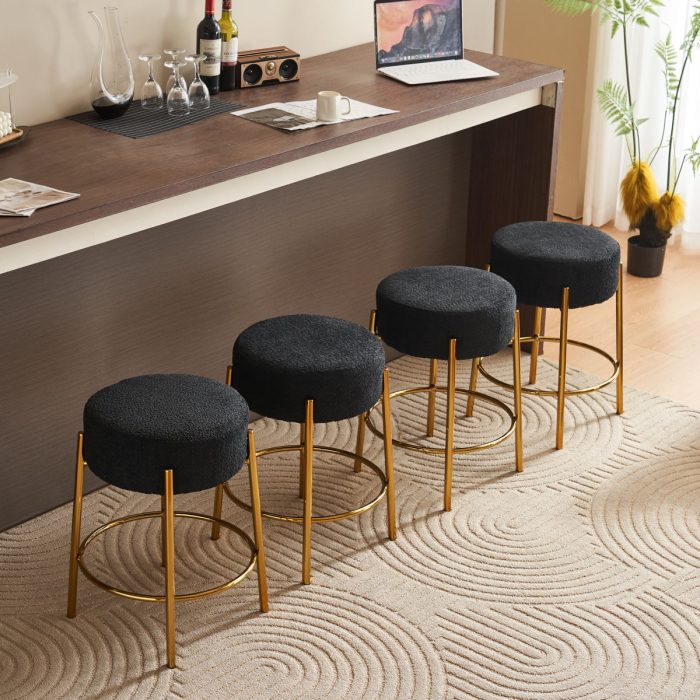 Round Bar Stools (Set of 2), Contemporary Upholstered Dining Stools For Kitchens, Coffee Shops And Bar Stores - Gold Legs - Image 7