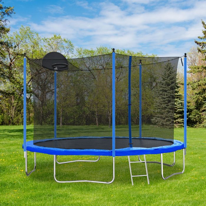 12Ft Trampoline For Adults & Kids With Basketball Hoop, Outdoor Trampolines With Ladder And Safety Enclosure Net For Kids And Adults - Blue - Image 2