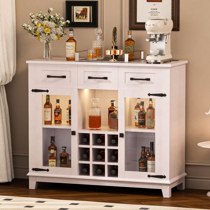 Modern Farmhouse Sideboard Buffet Coffee Bar Cabinet Storage Cabinet With LED Charging Station, Wine & Glass Rack, 3 Drawers, For Kitchen, Dining Room, Living Room - Antique White - Image 3