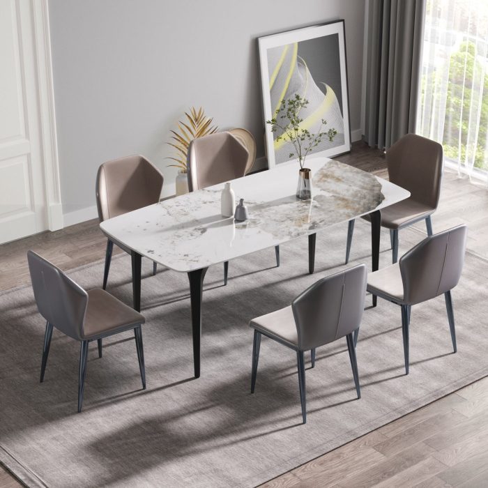 70.87" Modern Artificial Stone Pandora White Curved Black Metal Leg Dining Table - Antique White - Image 4