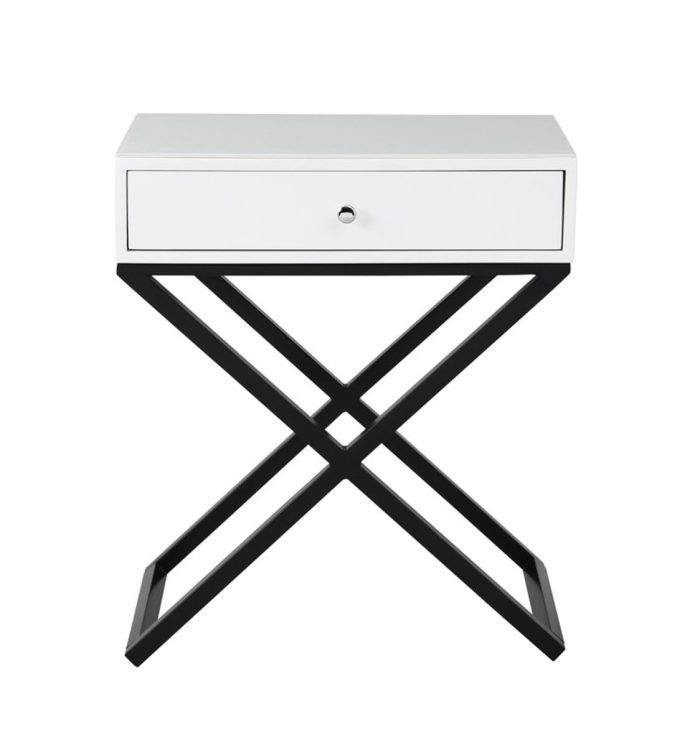 Koda - Wooden End Side Table Nightstand With Glass Top, Drawer And Metal Cross Base - Image 5