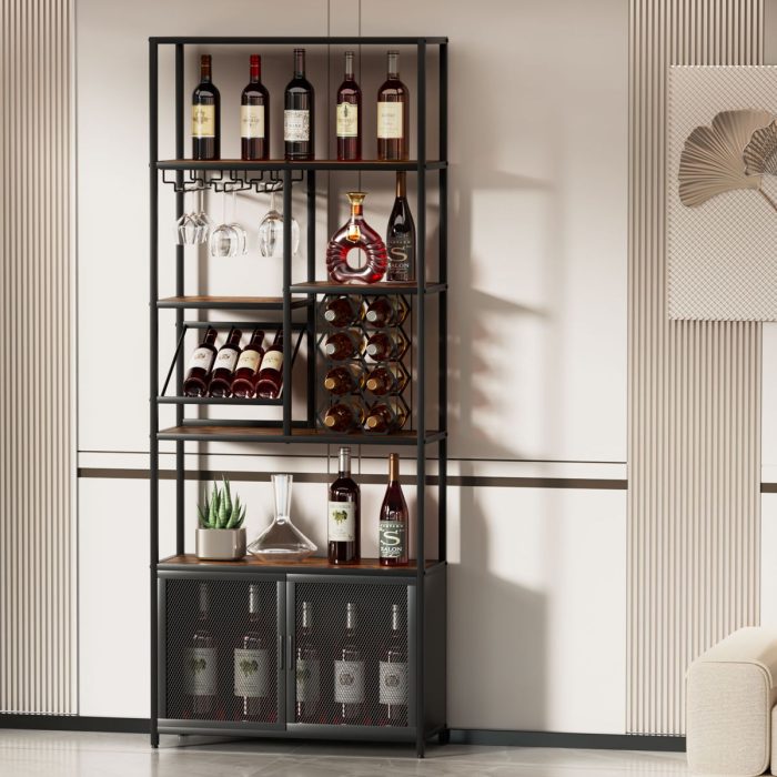 82.7" Industrial Standing Wine Rack With Glass Rack Tall Freestanding Floor Bar Cabinet - Walnut / Black - Image 4