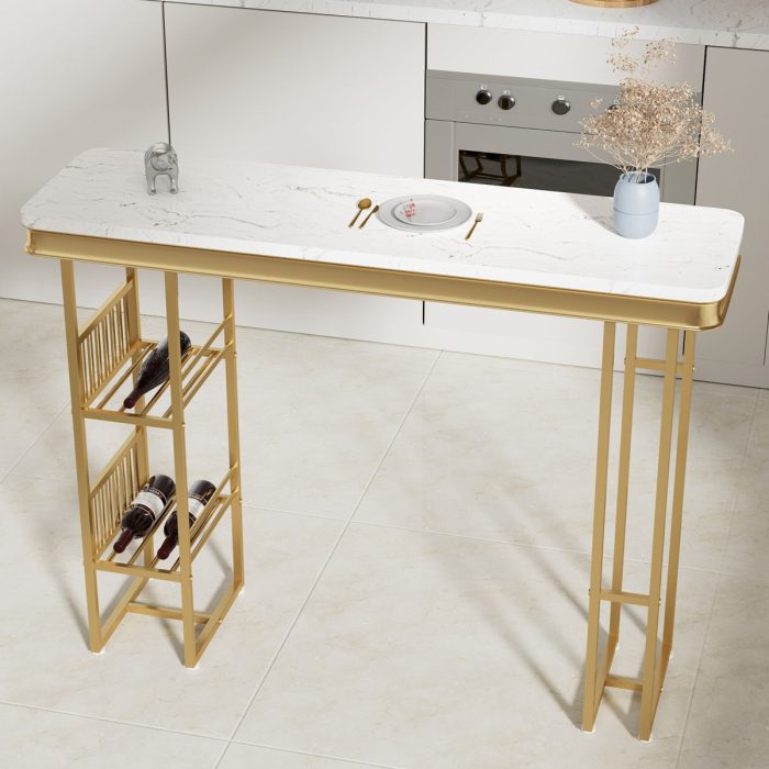 Modern Straight Bar Table With Shelves - White / Gold - Image 4