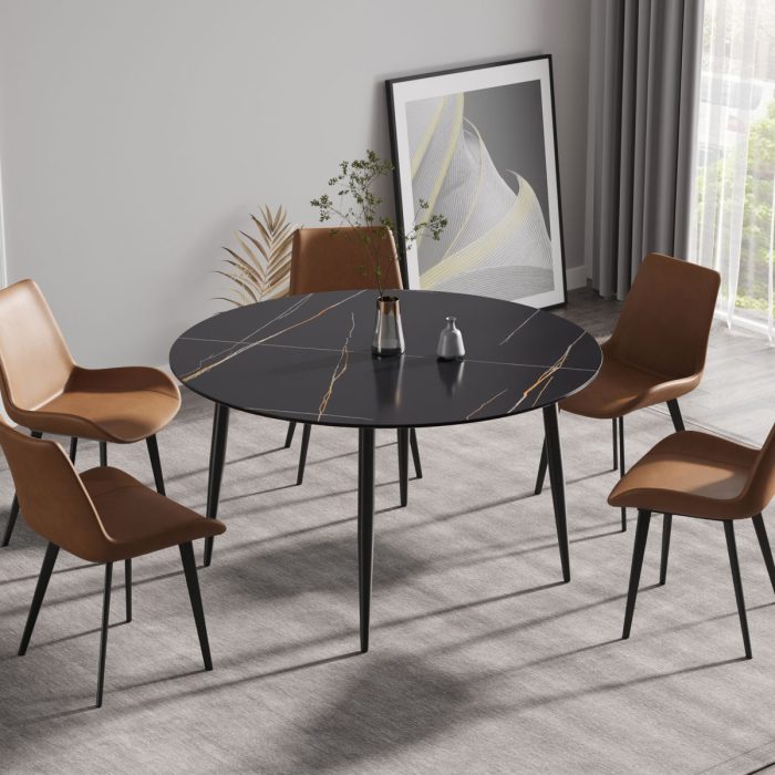 Modern Artificial Stone Round Dining Table With Metal Legs, Can Accommodate 6 People - Black - Image 2