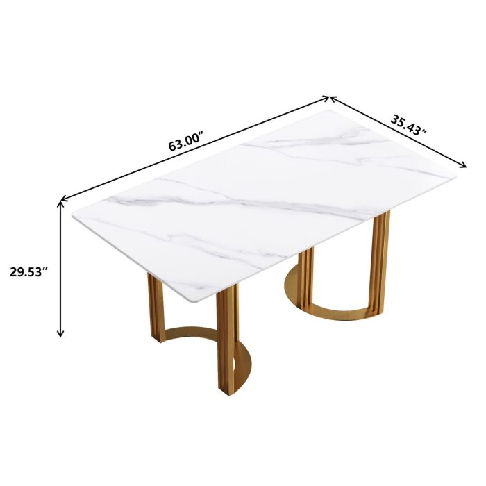 63" Modern Artificial Stone Straight Edge Metal Leg Dining Table, 6 People - White / Gold - Image 4