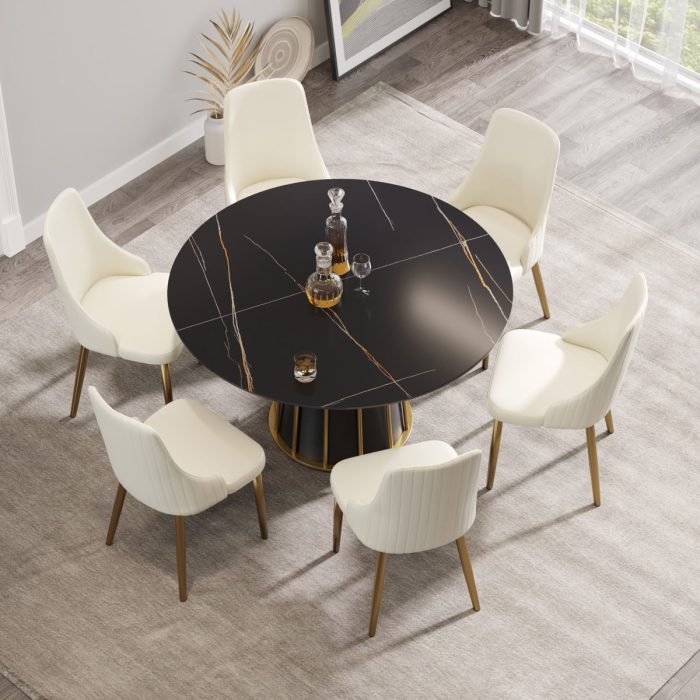 Modern Artificial Stone Round Metal Iron Base Dining Table, Can Accommodate 6 People (Not Including Chairs.) - Black - Image 2