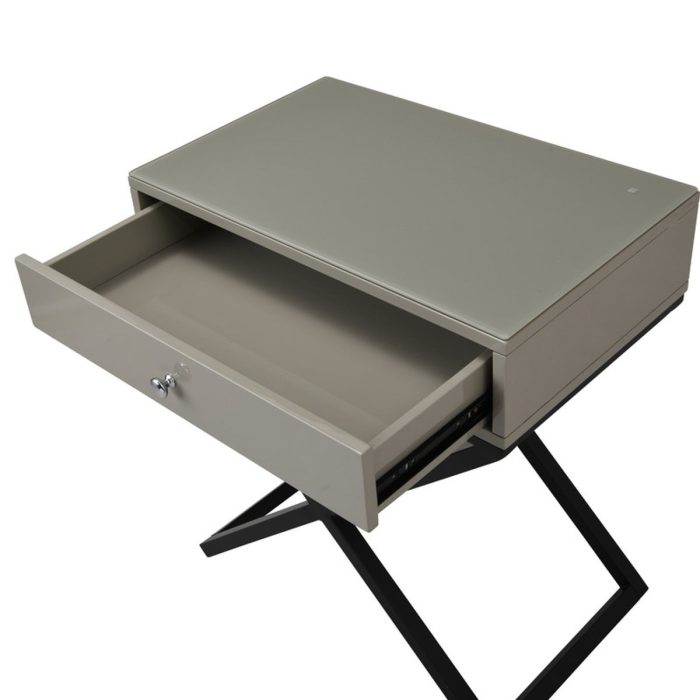 Koda - Wooden End Side Table Nightstand With Glass Top, Drawer And Metal Cross Base - Image 8