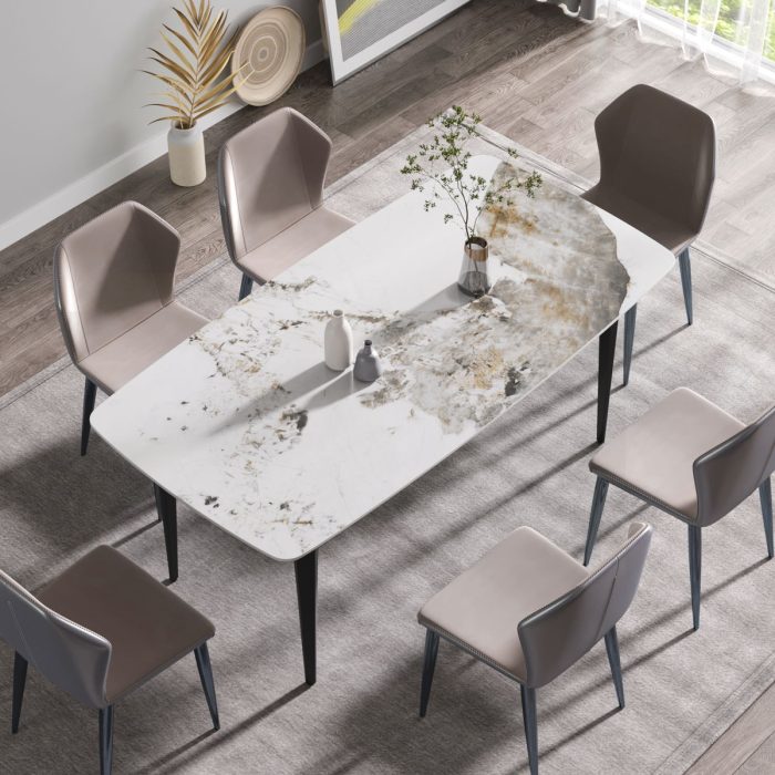 70.87" Modern Artificial Stone Pandora White Curved Black Metal Leg Dining Table - Antique White - Image 3