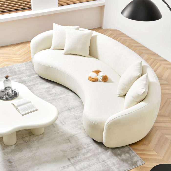 Modern Curved Sofa Mid-Century Comfy Half Moon Teddy Fabric Couch, 101" Upholstered With 4 Throw Pillows For Living Room - White - Image 2