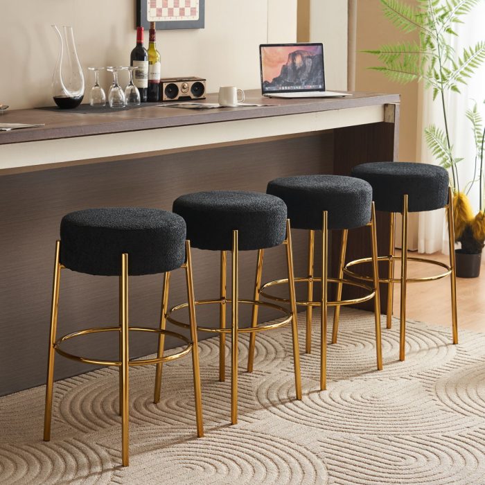 Round High Bar Stools (Set of 2), Contemporary Upholstered Dining Stools For Kitchens, Coffee Shops And Bar Stores - Gold Legs - Image 3