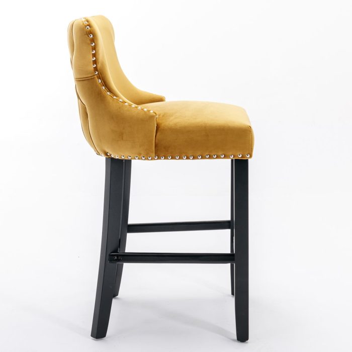 Contemporary Velvet Upholstered Wing-Back Barstools With Button Tufted Decoration And Wooden Legs, And Chrome Nailhead Trim, Leisure Style Bar Chairs, Bar Stools (Set of 2) - Image 2