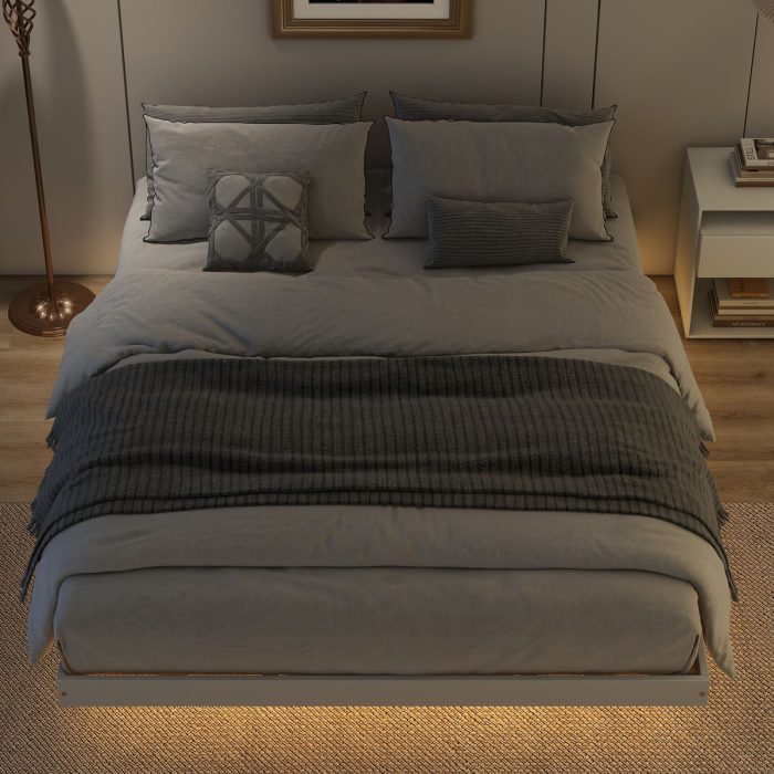 Floating Bed With Led Lights Underneath, Modern Queen Size Low Profile Platform Bed With Led Lights - Image 2