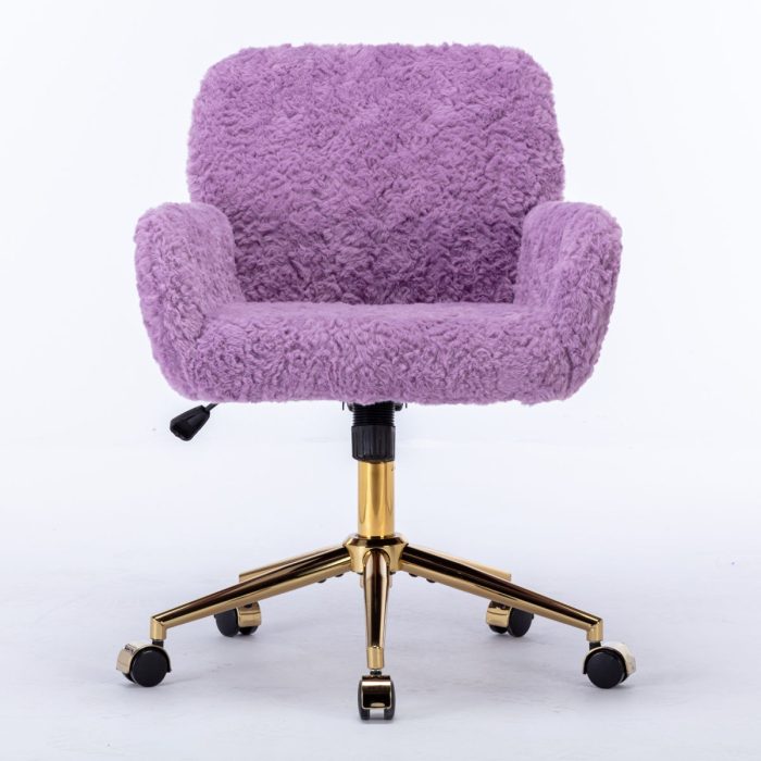 Office Chair, Artificial Rabbit Hair Home Office Chair With Golden Metal Base, Adjustable Desk Chair Swivel Office Chair, Vanity Chair - Image 14