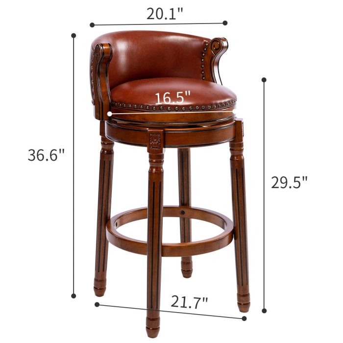 29.5'' Cow Top Leather Wooden Bar Stool, 360 Degree Swivel Bar Height Chair With Backs For Home Kitchen Counter - Image 2