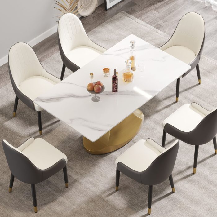 63" Modern Artificial Stone Panel Golden Stainless Steel Curved Legs, Can Accommodate 6-8 People - White / Gold - Image 3
