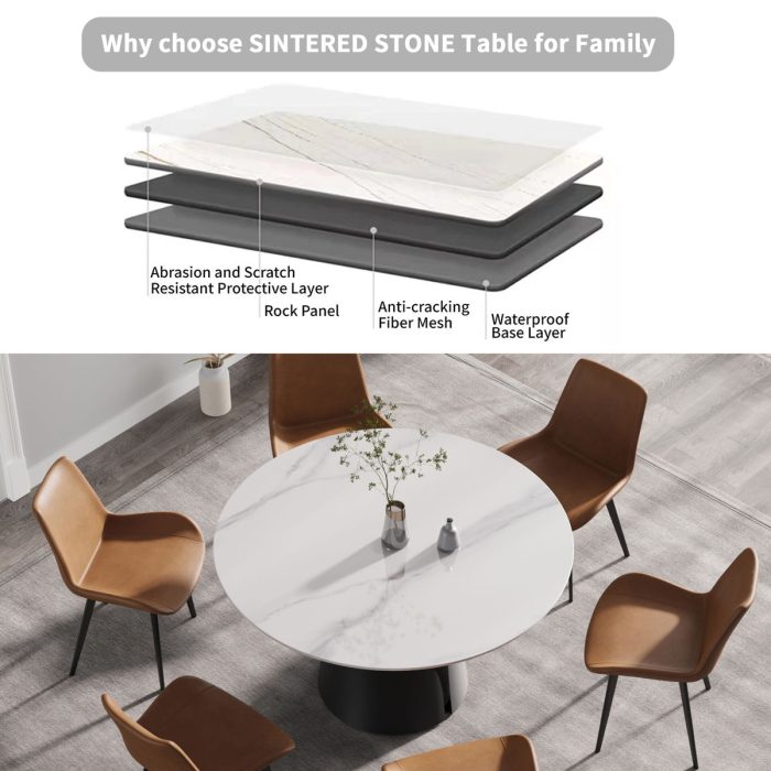 53.15" Modern Artificial Stone Round Carbon Steel Base Dining Table, Can Accommodate 6 People - White / Black - Image 3