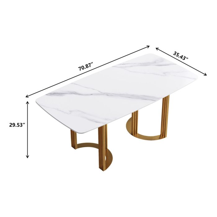 70.87" Modern Artificial Stone White Curved Golden Metal Leg Dining Table, Can Accommodate 6-8 People - White / Gold - Image 2