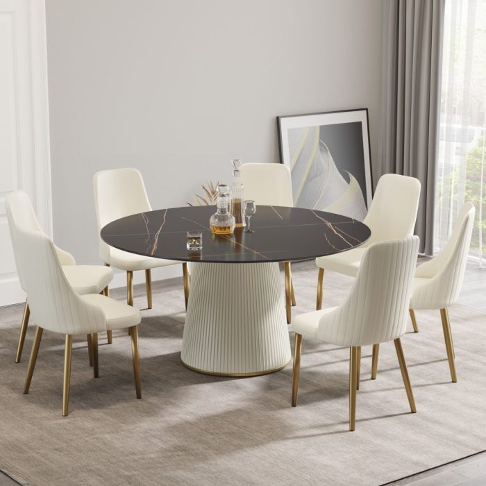 Modern Artificial Stone Round Plywood Base Dining Table, Can Accommodate 8 People, (Not Including Chairs) - Black / Beige - Image 4