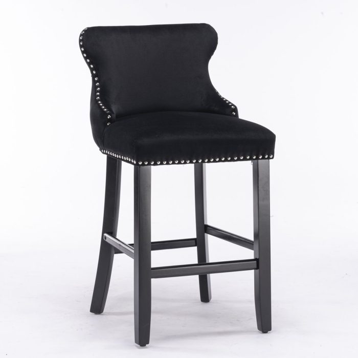Contemporary Velvet Upholstered Wing-Back Barstools With Button Tufted Decoration And Wooden Legs, And Chrome Nailhead Trim, Leisure Style Bar Chairs, Bar Stools (Set of 2) - Image 5