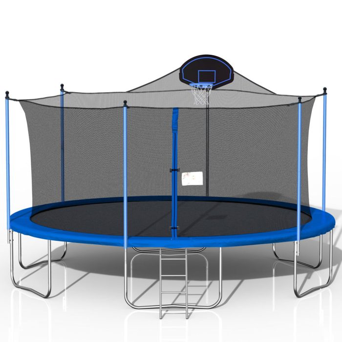 16Ft Trampoline For Adults & Kids With Basketball Hoop, Double-Sided Cover, Outdoor Trampolines With Ladder And Safety Enclosure Net For Kids And Adults - Blue - Image 3