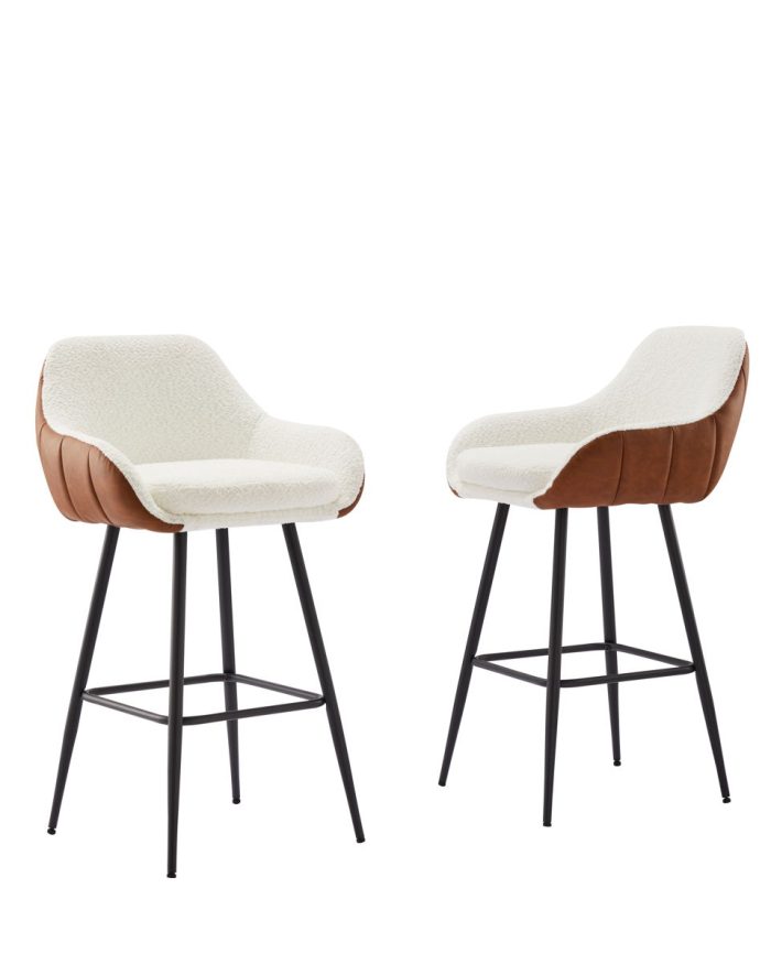 Modern Counter Height Bar Stools (Set of 2), Mid-Century Leather Upholstered Accent Arm Bar Stools, Leisure Side Chair With Metal Legs For Kitchen & Dining Room - Dark Brown / White - Image 3
