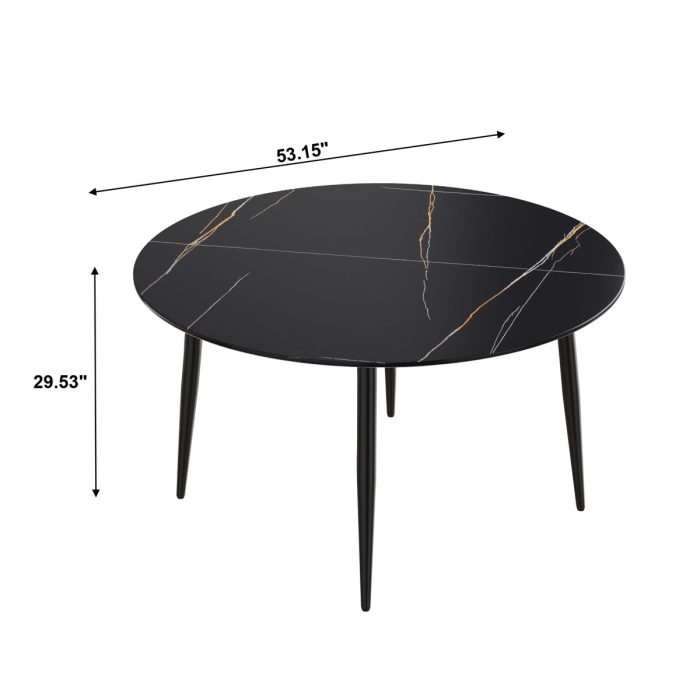 Modern Artificial Stone Round Dining Table With Metal Legs, Can Accommodate 6 People - Black - Image 3