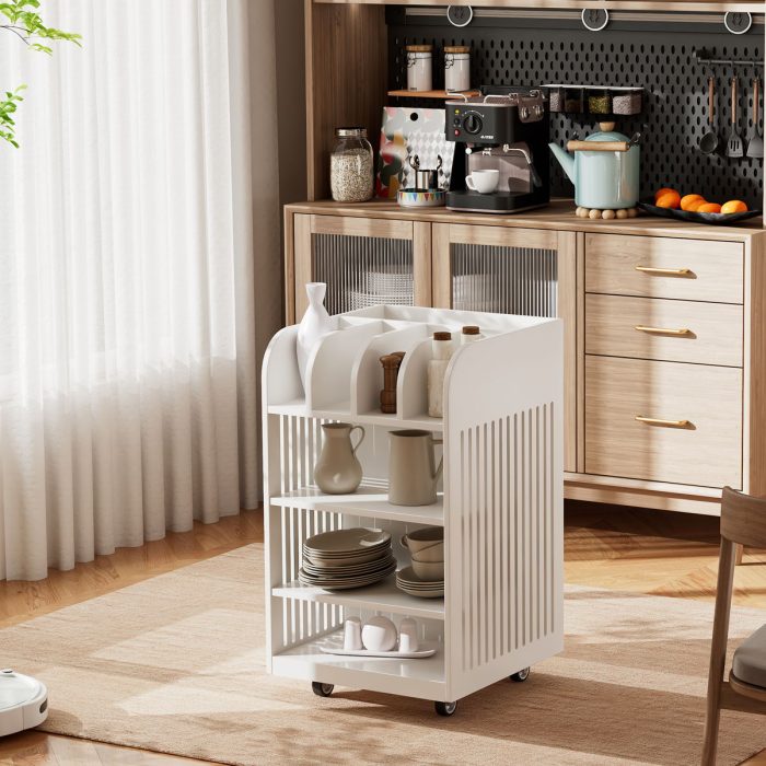 4 Tier Kitchen Island Cart With Spice Rack & Locking Casters, Simple Design Mobile Kitchen Storage Islands For Kitchen Living Room Bedroom - Image 3