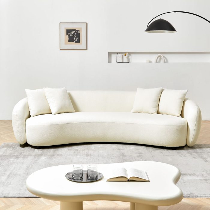 Modern Curved Sofa Mid-Century Comfy Half Moon Teddy Fabric Couch, 101" Upholstered With 4 Throw Pillows For Living Room - White - Image 3