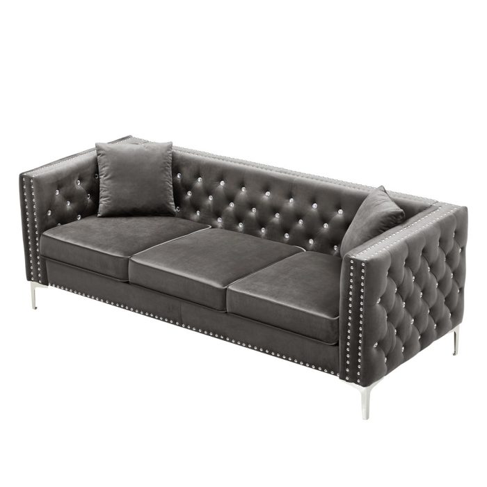 Modern Sofa Jeweled Buttons Tufted Square Arm Couch, 2 Pillows Included - Image 8