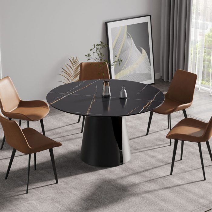 Modern Artificial Stone Round Carbon Steel Base Dining Table, Can Accommodate 6 People - Black - Image 3