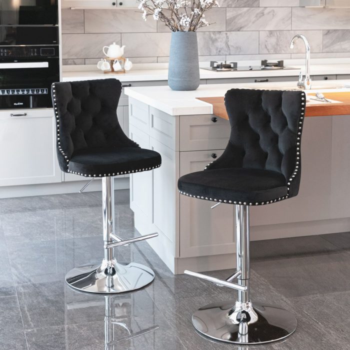 Swivel Velvet Barstools Adjusatble Seat Height From 25-33", Modern Upholstered Chrome Base Bar Stools With Backs Comfortable Tufted For Home Pub And Kitchen Island (Set of 2) - Image 24