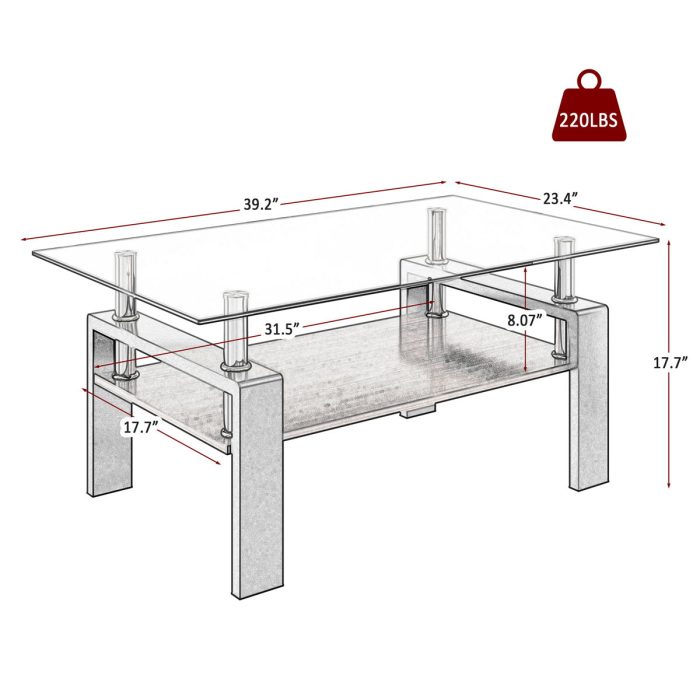 Modern Rectangular Coffee Table With Tempered Glass Top - Image 3
