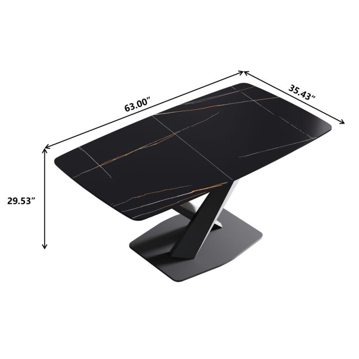 63" Artificial Stone Black Curved Black Metal Leg Dining Table - Black - Image 3
