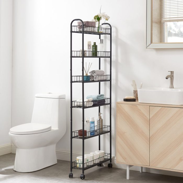 6 Tier Rolling Cart Gap Kitchen Slim Slide Out Storage Tower Rack With Wheels, 6 Baskets, Kitchen, Bathroom Laundry Narrow Piaces Utility Cart - Black - Image 4