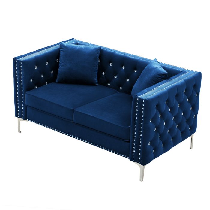Wide Sofa With Jeweled Buttons Square Arm, 2 Pillows - Image 10