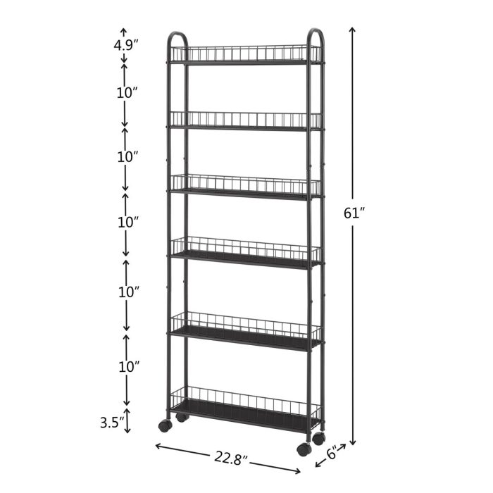 6 Tier Rolling Cart Gap Kitchen Slim Slide Out Storage Tower Rack With Wheels, 6 Baskets, Kitchen, Bathroom Laundry Narrow Piaces Utility Cart - Black - Image 2