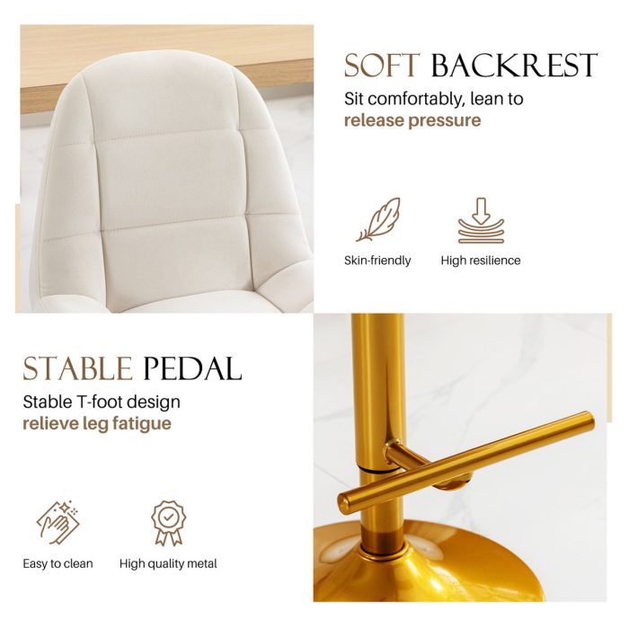 Velvet Swive Bar Stools Adjustable Counter Height Bar Chairs With Back Gold Base Modern Stool Chair For Kitchen Island Dining Room (Set of 2) - White - Image 2