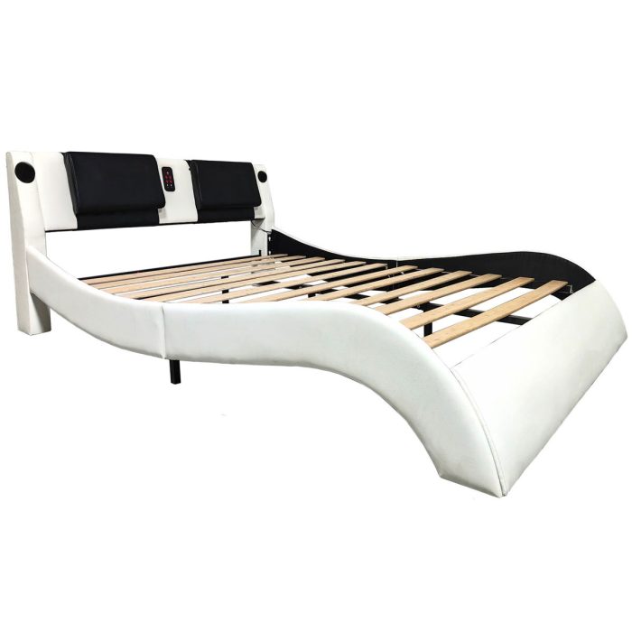 Upholstered Platform Bed Frame With LED Lighting, Bluetooth Connection To Play Music Control, Backrest Vibration Massage, Curve Design, Wood Slat Support, Exhibited Speakers - Image 7